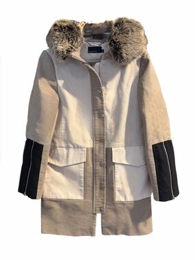 Donna Karan Beige and Black Faux-Fur Collar Puffer Coat